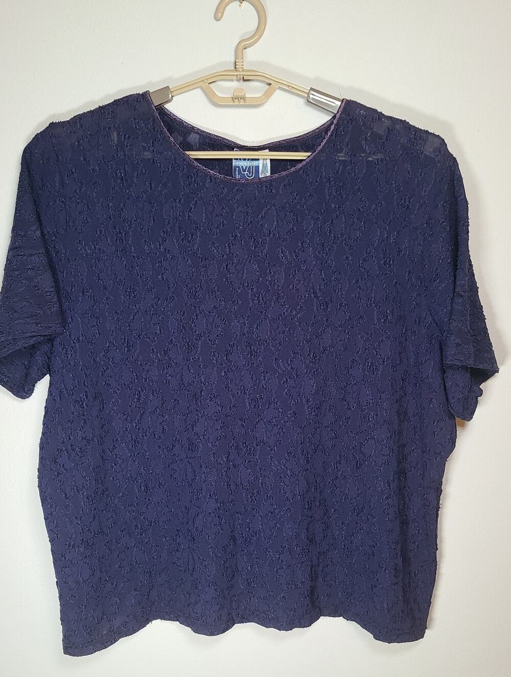 Y2K Venezia Jeans Navy Lace Top Sheer Plus Size Short Sleeve Blouse 26/28 USA
